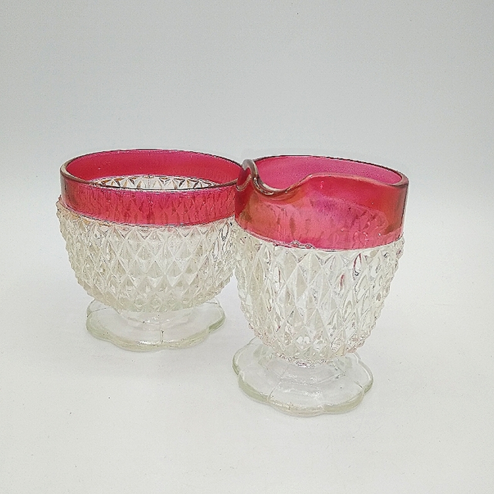 Indiana Glass Ruby Flash Diamond Point Pressed Glass Creamer Sugar Bowl Vintage - Picture 2 of 13